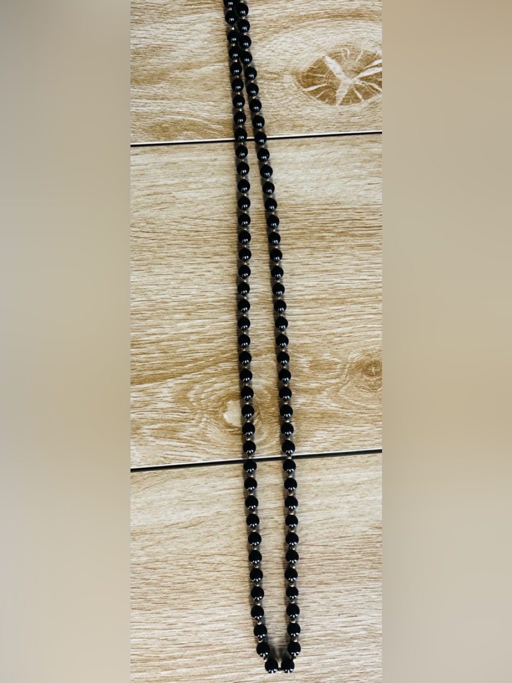 Classic Black enameled Beaded Necklace (double strand length) with gold Filagree